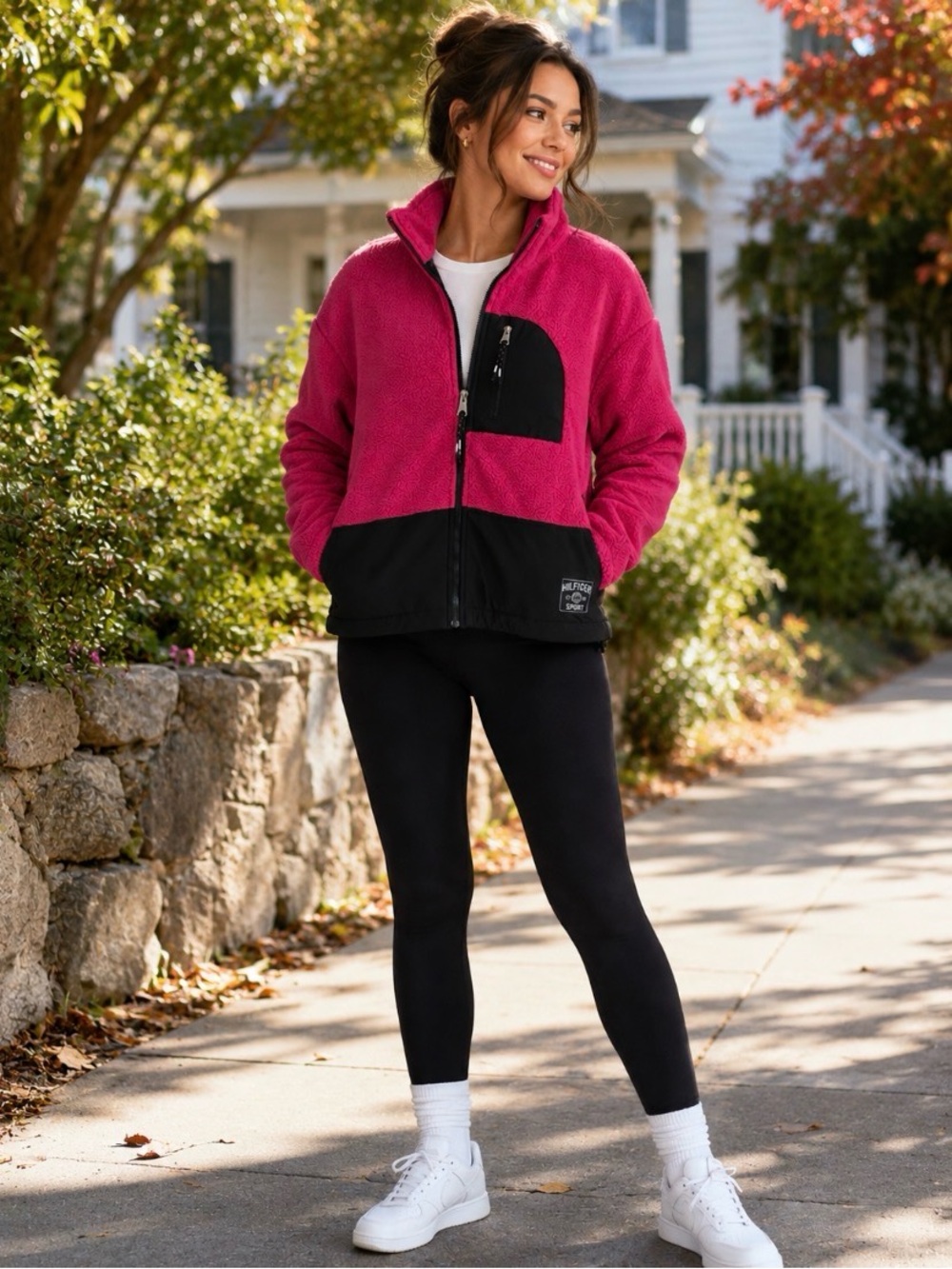 NWT-Tommy Hilfiger Sport Magenta/Pink Fleece Jacket – Black Color-Block Bottom